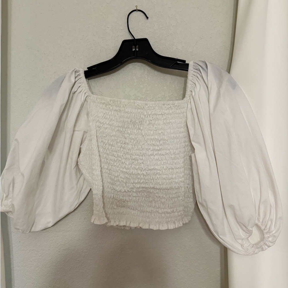Lusana White Smocked Puff Sleeve Blouse